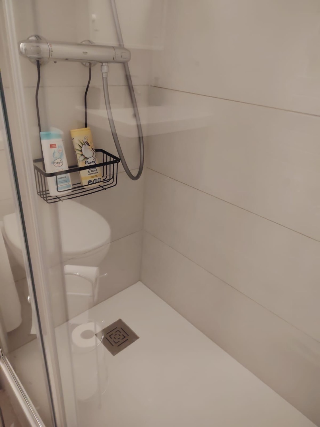 Cabine de douche propre avec produits d'accueil – Salle de bain Airbnb Strasbourg
