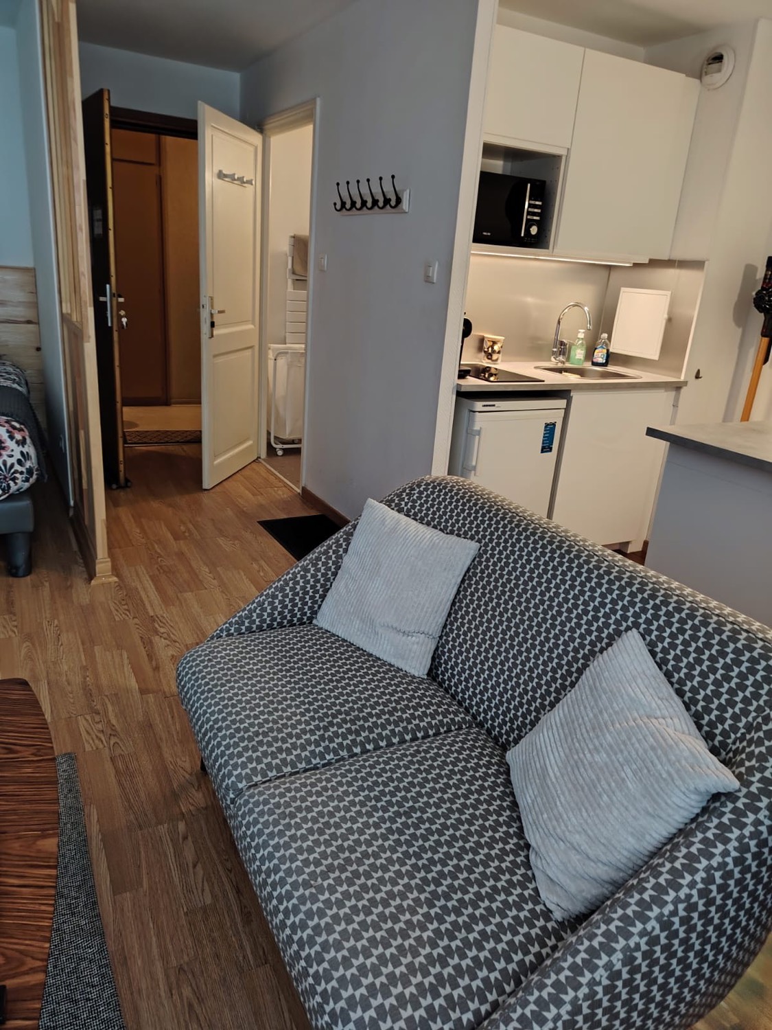 Studio avec canapé gris et kitchenette équipée – Location courte durée Strasbourg