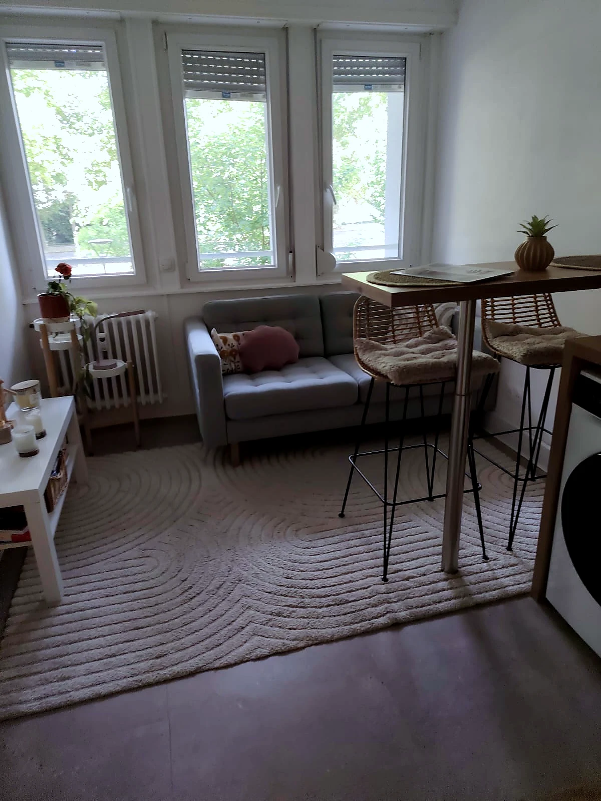 Salon lumineux triple fenêtre après ménage Airbnb Strasbourg